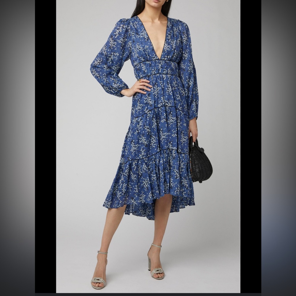 Ulla Johnson Blue and White Tiered Sundress with Bishop Sleeves